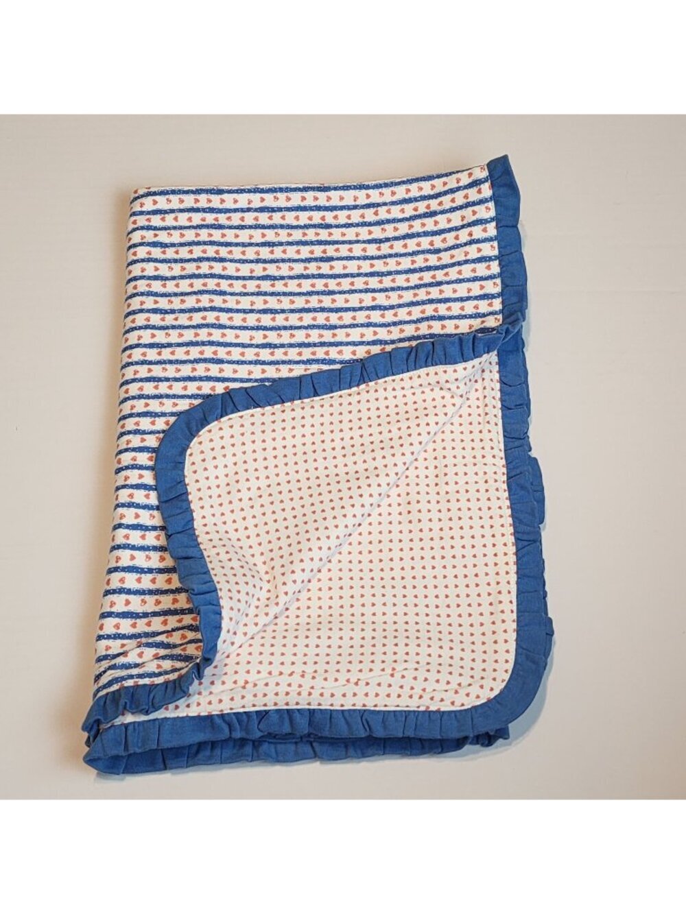 Vintage Gymboree Little Sailor Baby Blanket Blue Stripes Red Hearts Ruffle Trim